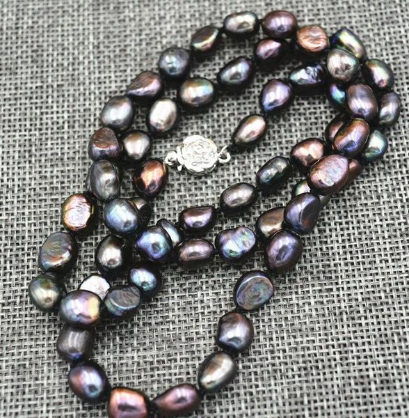

chains natural 7-8mm black akoya cultured baroque pearl necklace 18'', Silver