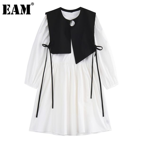 

[eam] women beige ruffles ribbon elegant dress round neck long sleeve loose fit fashion spring autumn 1dd7857 21512, Black;gray