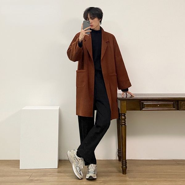 

Special Price Buttonless Design Mid Length Tweed Coat Notched Collar Causal Autumn Witner Woolen Coat Double Pockets, Black