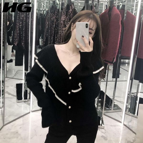

women's sweaters [hg] 2021 spring women v-neck full sleeve casual female solid color button patchwork cardigan knitted sweater wbb2046, White;black