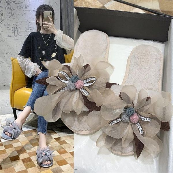 

slippers autumn winter women thick bottom slipper furry flower plush indoor home shoe warm flat flip flop woman casual slides, Black