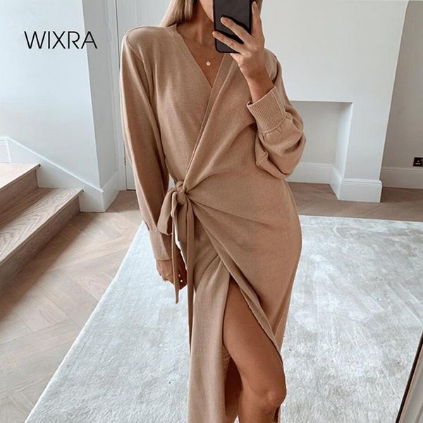 

wixra women's knitted dress sashes autumn winter loose elegant party v neck knitwear robe ladies streetwear casual dresses, Black;gray