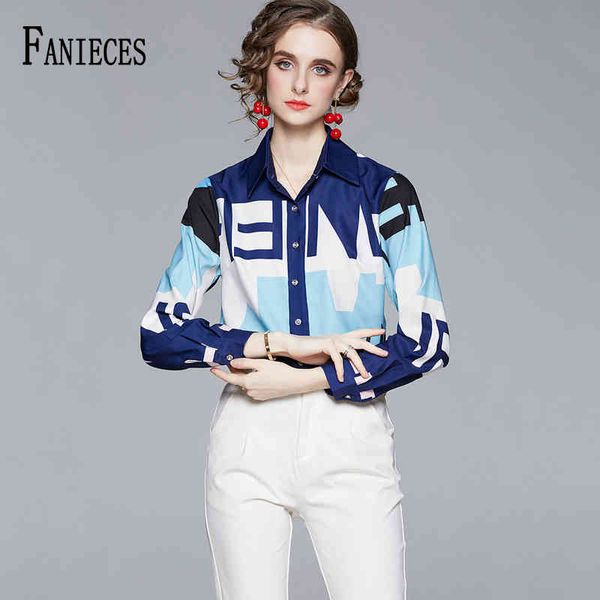 Весна осень женские топы и блузки рукав цветочные принты офисные женские рубашки синий белый мода блузка взлетно-посадочная полоса рубашка blusas 210520
