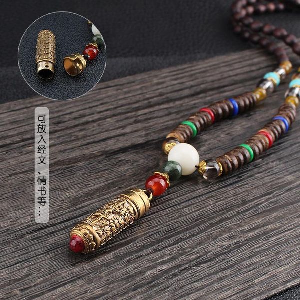 

pendant necklaces ethnic style nepal gau box six words of truth wooden buddha bead chain simple long vintage necklace, Silver