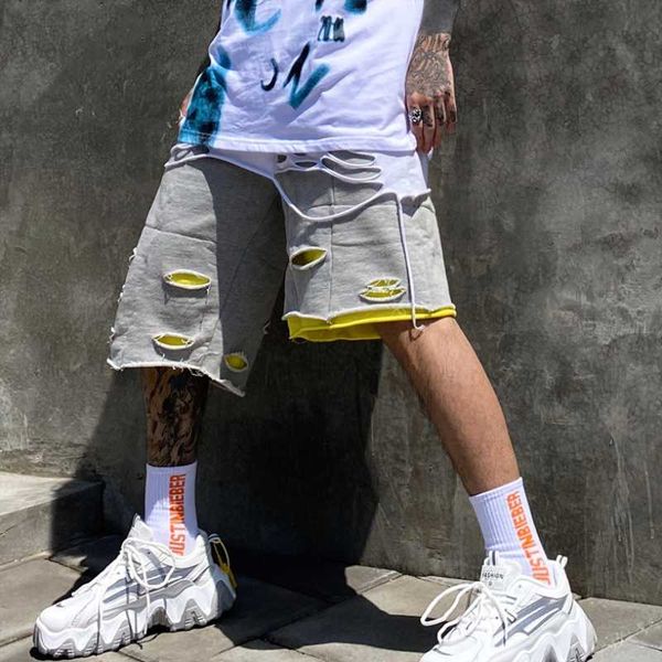 

men's shorts summer color contrast hole fashion irregular retro pure cotton casual sports pants 5, White;black