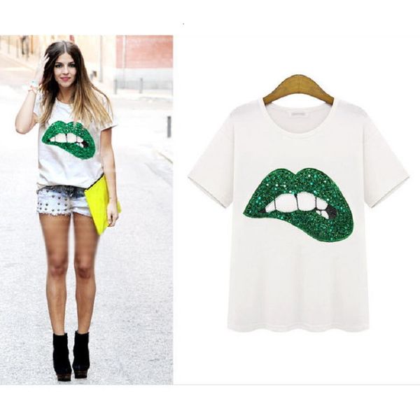 

women's t-shirt fashion lip mouth print t-shirts for women plus size black crop funny print t shirt short sleeve ts, White