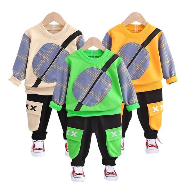 

clothing sets children leisure big pocket pullover sweater trousers 2pcs suit boy spring autumn color matching plaid long sleeve pants s, White