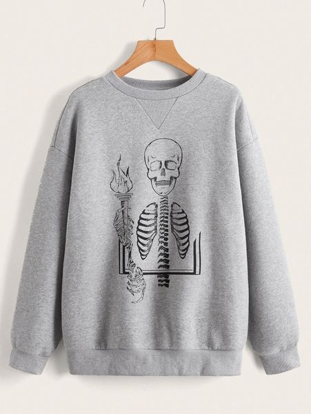 

skeleton print drop shoulder sweatshirt 48a2#, White;black