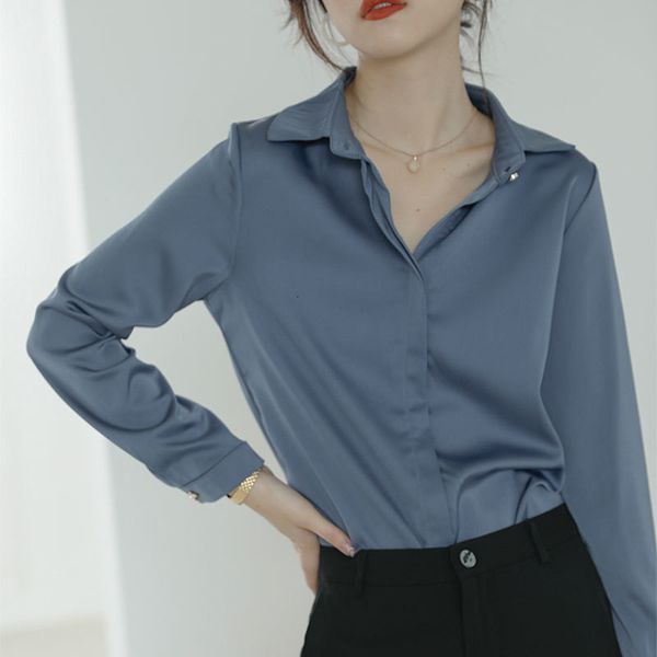 

autumn fashion female long loose satin ol office shirts turn-down white collar femme m591