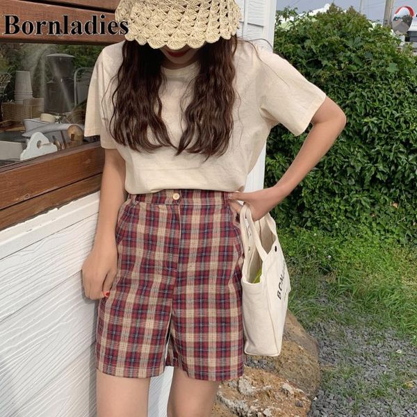 

bornladies women summer vintage plaid high waist straight short pants loose trousers casual shorts women's, White;black