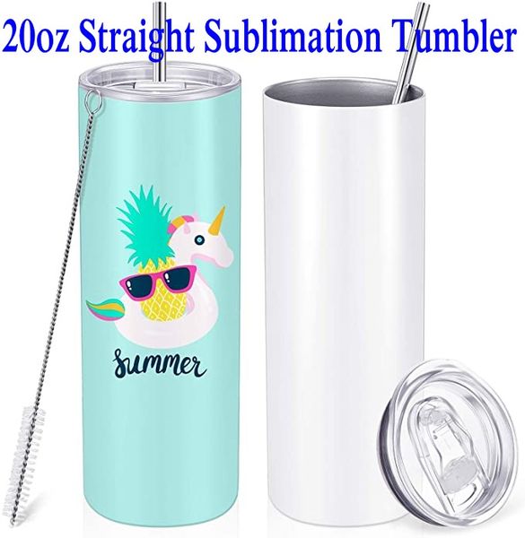 US STOCk 20 once sublimazione bicchieri tumbler dritti tazze da ufficio da viaggio isolate in acciaio inossidabile con coperchio chiuso tazza di acqua sottile in paglia