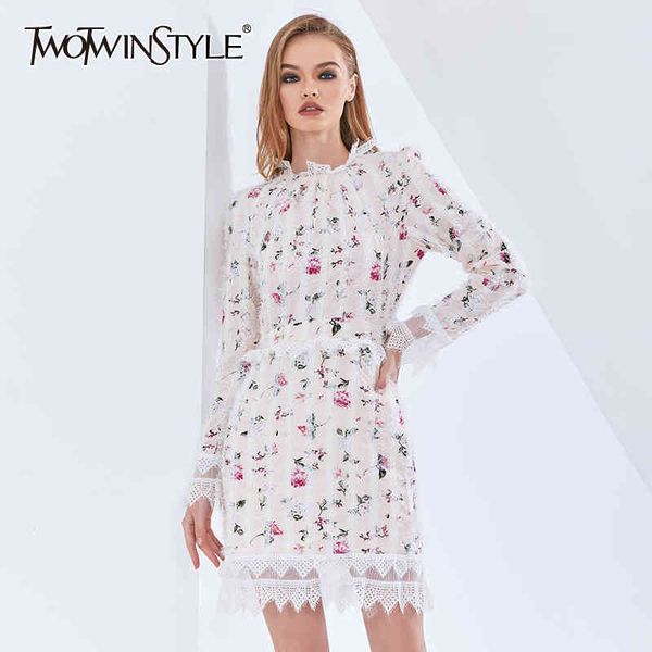 

print floral patchwork mesh lace dress for women long sleeve high waist slim oversized dresses female fashon 210423, Black;gray
