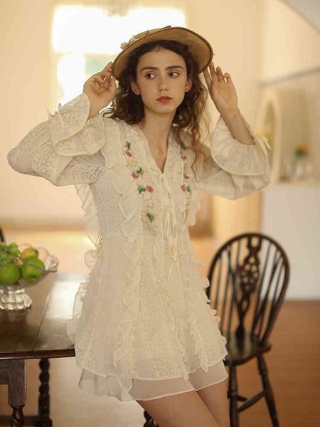 

casual dresses for women spring summer mori girls floral embroidery mini vintage elegant handmade beading lace short shirt 2c1u, Black;gray