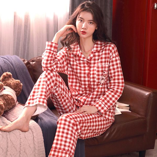

2021women soft 100% cotton pajamas korean pj long sleeves pijama button-down spring sleepwear set ladies bedgown nighties for women, Black;red
