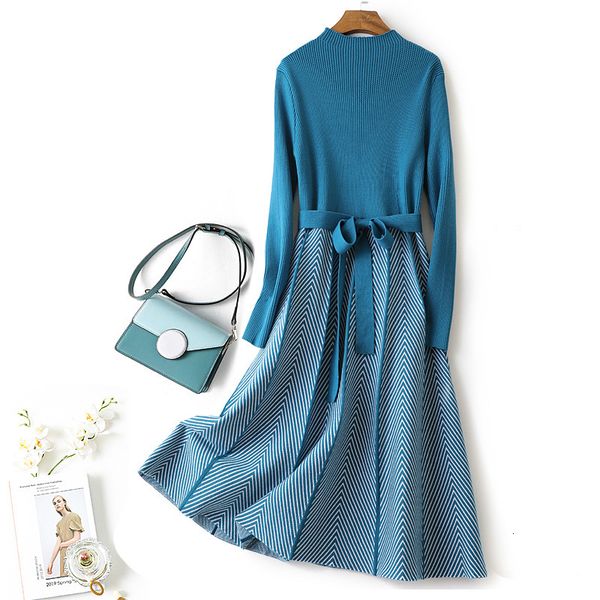 

casual dresses autumn women knitted turtleneck drawstring sashes swing es ladies long sleeve stripes knee-length a-line slim 764i, Black;gray
