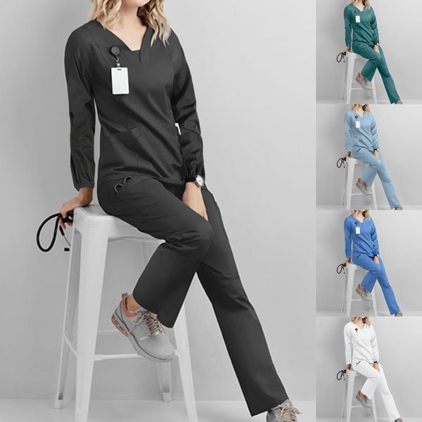 

women's two piece pants women solid color trouser wokers suit long sleeve v-neck r pocket fashion outdoor sports and leisure wear *8#6, White