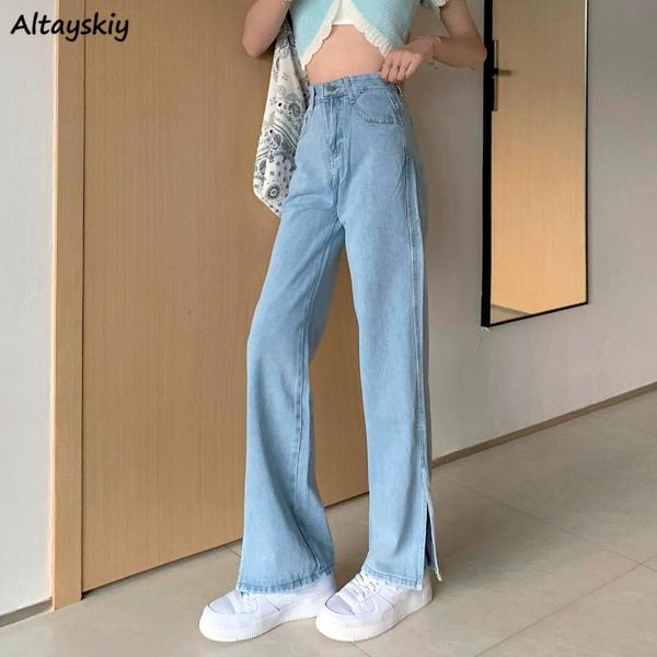 

women's jeans women side-slit pockets washed distressed student daily casual all-match straight denim streetwear ulzzang chic ins femal, Blue