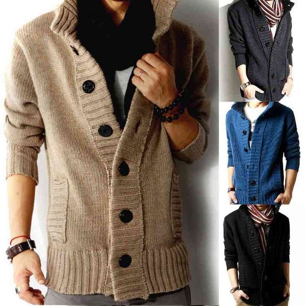 

men autumn stand collar buttons up pockets knitted sweater thickened warm coat, Black;white