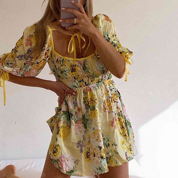 

casual dresses floral print mini puff sleeve lace up neck women flared hem boho beach short party dress female vestidos 5hjn, Black;gray