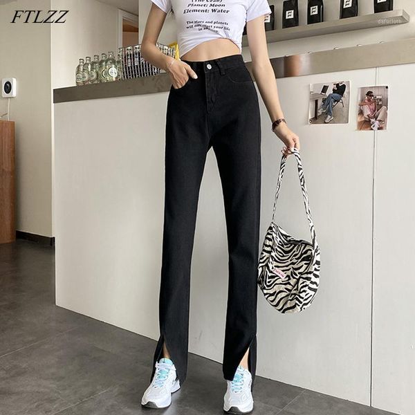

women's jeans ftlzz summer women high waist solid color slim fit split long denim pants casual female stright ladies black, Blue