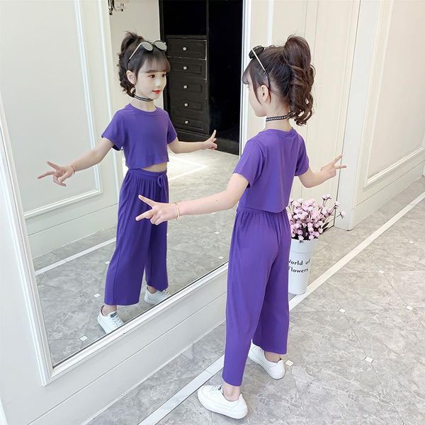 

summer girls' suits western style children's sports purple middle-aged short sleeve two-piece girl clothes clothing sets, White