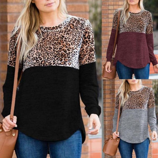 

women's t-shirt spring and autumn stitching printed leopard velvet round neck long sleeve girl, White