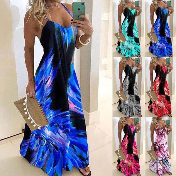 

summer women's dress casual leaf print party spaghetti strap long dress woman's big swing beach maxi dresses plus size 210423, Black;gray