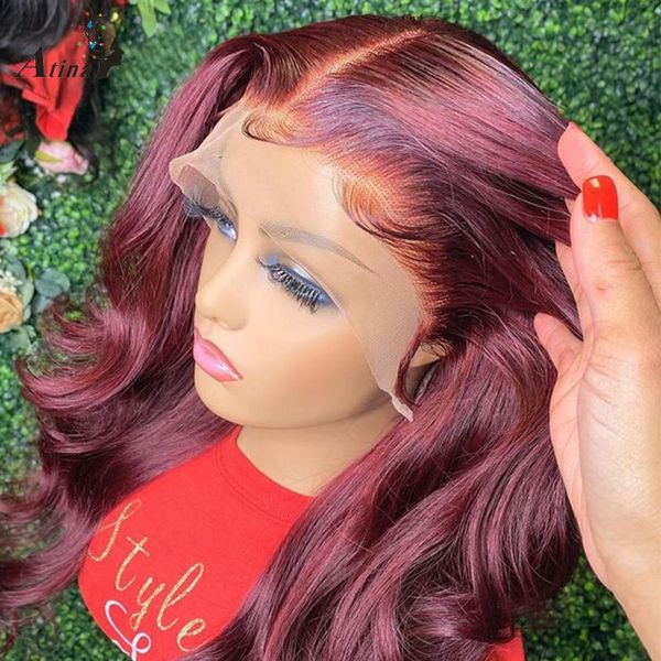 

red burgundy 99j water body wave lace front wig 250 full hd transparent frontal human hair preplucked 360 remy atina wigs, Black;brown