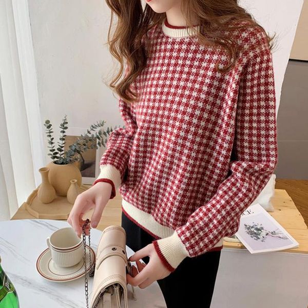 

women's sweaters wywm classic o-neck plaid knitted sweater women korean loose vintage pullover 2021 fall winter long sleeve female clot, White;black