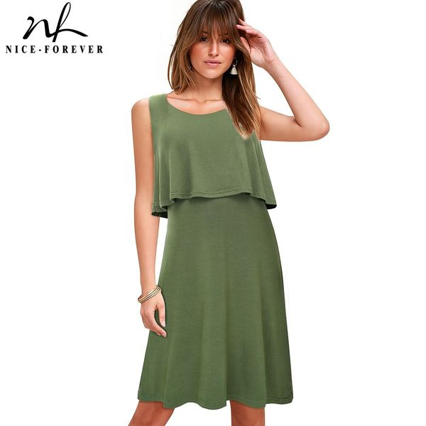 Nice-forever Sommer-Frauen-Mode-Rüschen-Grün-Farben-Kleider beiläufiges übergroßes gerades Kleid btyA213 210419
