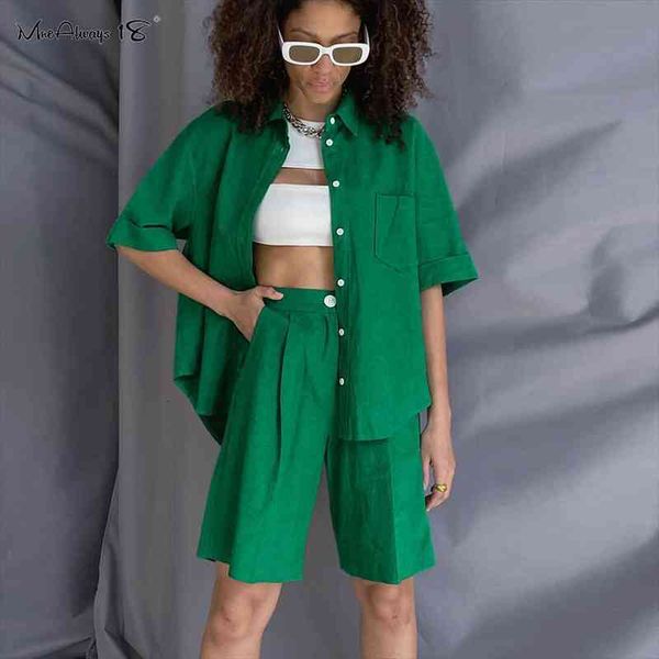 

green cotton suit women half sleeve shirt with shorts sets high waist cargo short trousers female 2 piece set, Gray