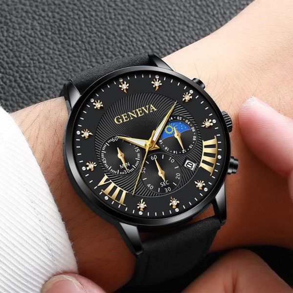 

wristwatches luxury hour men geneva watches male business leather strap calendar quartz watch mens casual for relogio masculino, Slivery;brown