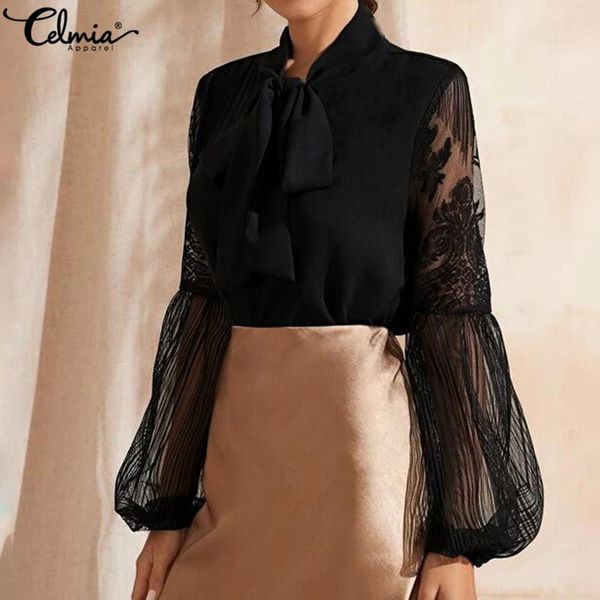 

women's blouses & shirts celmia elegant office bow tie 2021 women see-through lace lantern sleeve casual loose work blusas mujer, White