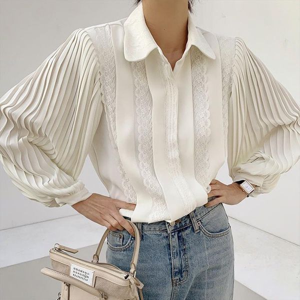 

[ewq] turn down collar women blouses lace spring blusas elegant office ladies pleated sleeve, White