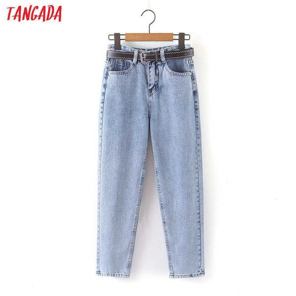 

tangada fashion women mom jeans pants with belt long trousers strethy waist pockets zipper female pants hy41 210616, Blue