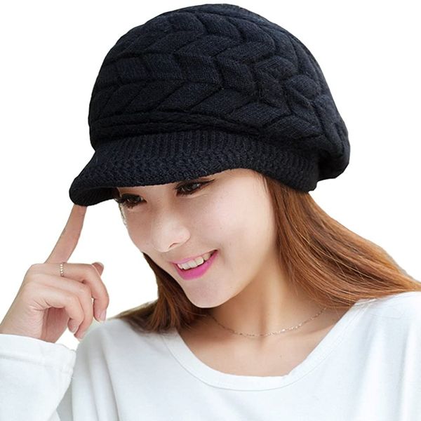 

taikonaut women winter warm knit hat wool snow ski caps with visor, Blue;gray