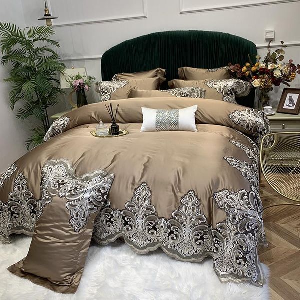 

bedding sets luxury brown purple egyptian cotton lace edge set satin silky duvet cover bed sheet or bedspread pillowcase 4/7pcs