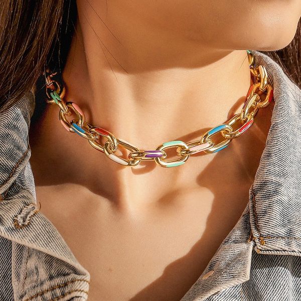 

gold plated rainbow color enameled aluminum cuban link chain necklaces for women, Silver