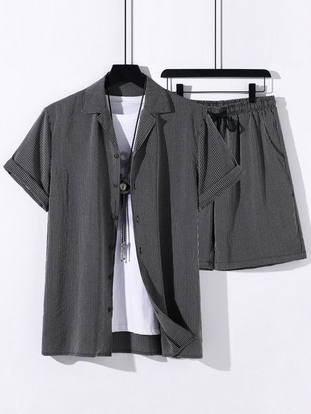 

men striped shirt & drawstring waist shorts without tee h6k4#, Gray