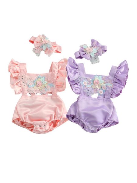 Комбинезоны принцессы Baby Girls Boys Romber платье элегантное кружевное жемчужное цветок без рукавов оборками повязки повседневные мягкие наряды
