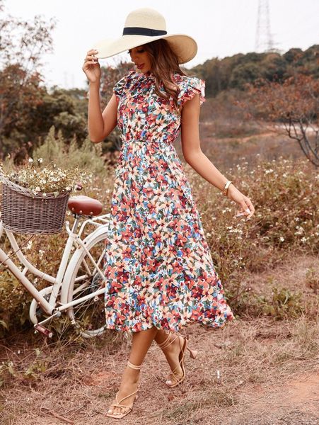 

allover floral print ruffle trim dress j1o6#, Black;gray