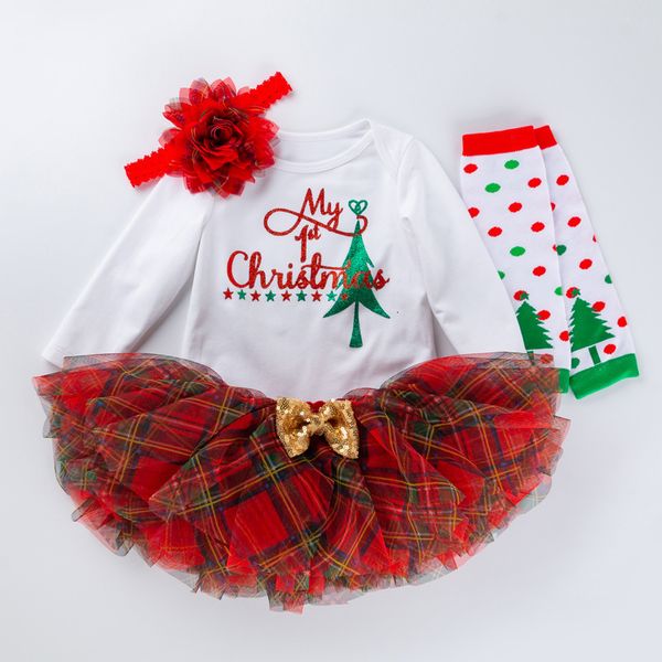 

autumn and winter baby skirt set christmas tree long sleeve khaki plaid princess socks piece, White