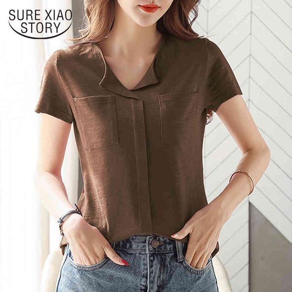 

casual solid color pockets summer v-neck cotton t-shirt women oversized vintage female clothing blusas 13772 210415, White