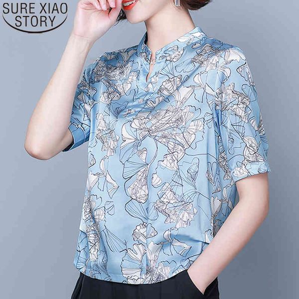 

women's shirt print satin blouse fashion summer silk blouses women short sleeve plus size 4xl blusas clothes 10331 210417, White