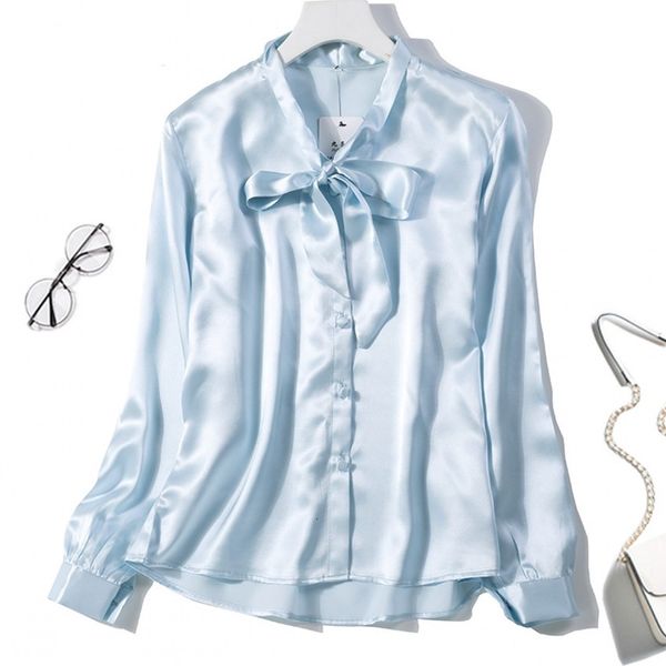 

blouses women's 100% pure satin silk solid colors shirt blouse tie bow neck buttons office work  l jn061 0jw7, White