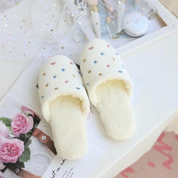 

slippers lovely dream star moon embroidered cotton warm indoor floor board shoes antiskid mute, Black