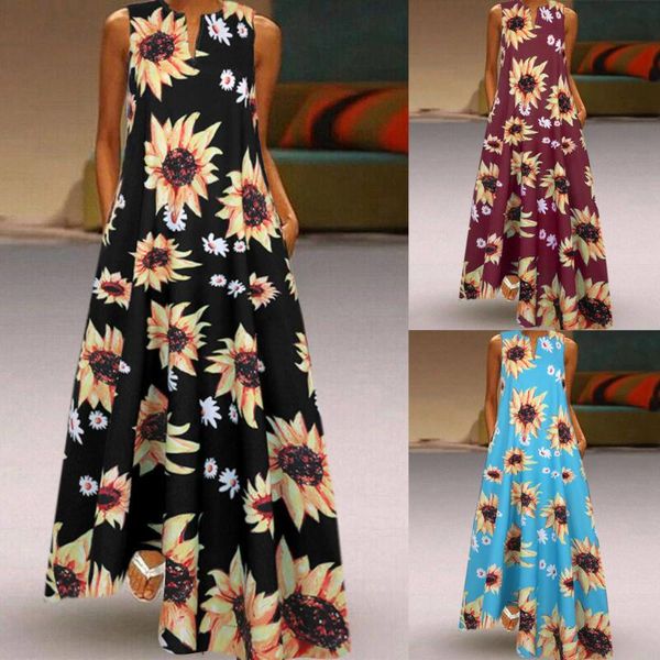 

women summer dress plus size print daily ladies fashion casual sleeveless vintage bohemian v neck beach vestidos female dresses, Black;gray