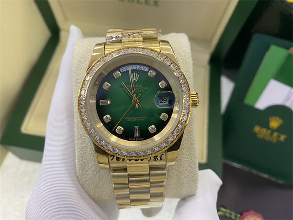 

original box certificate 18k gold president male watches day date diamonds green dial watch men stainless diamond bezel automatic wristwatch, Slivery;brown