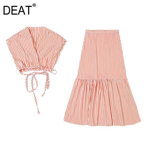 

[deat] summer fashion sleeveless v-neck stripe knee-length a-line skirts women two-piece suit 13q584 210527, White