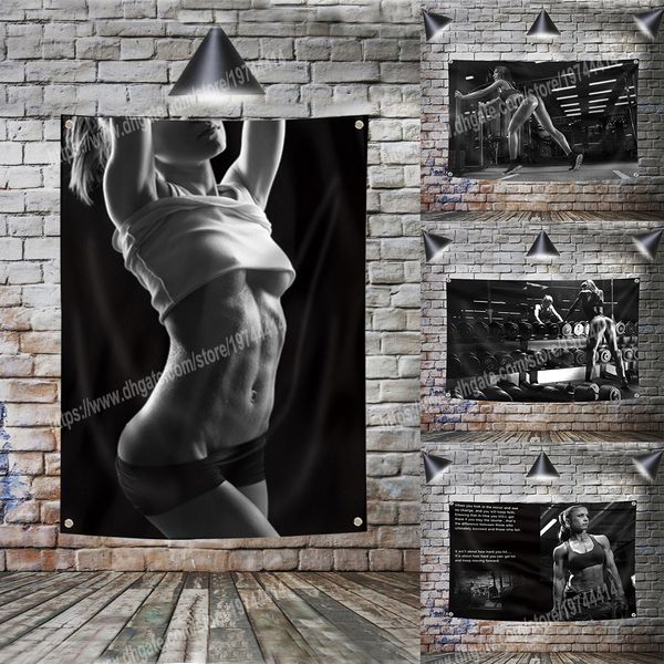 Bodybuilding-Mädchen, motivierendes Zitat, Kunstposter, Flagge, Banner, Kunst, Heimdekoration, hängende Flaggen, 4 Ösen in den Ecken, 3 x 5 Fuß, 96 x 144 cm, inspirierende Wanddekoration